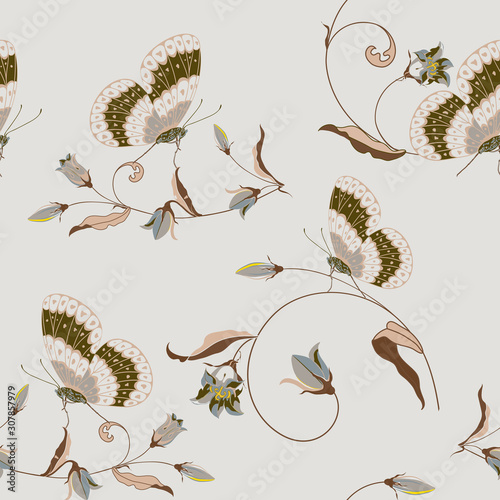 Trendy floral background with beautiful field flower bluebell and butterfly in pastel color.