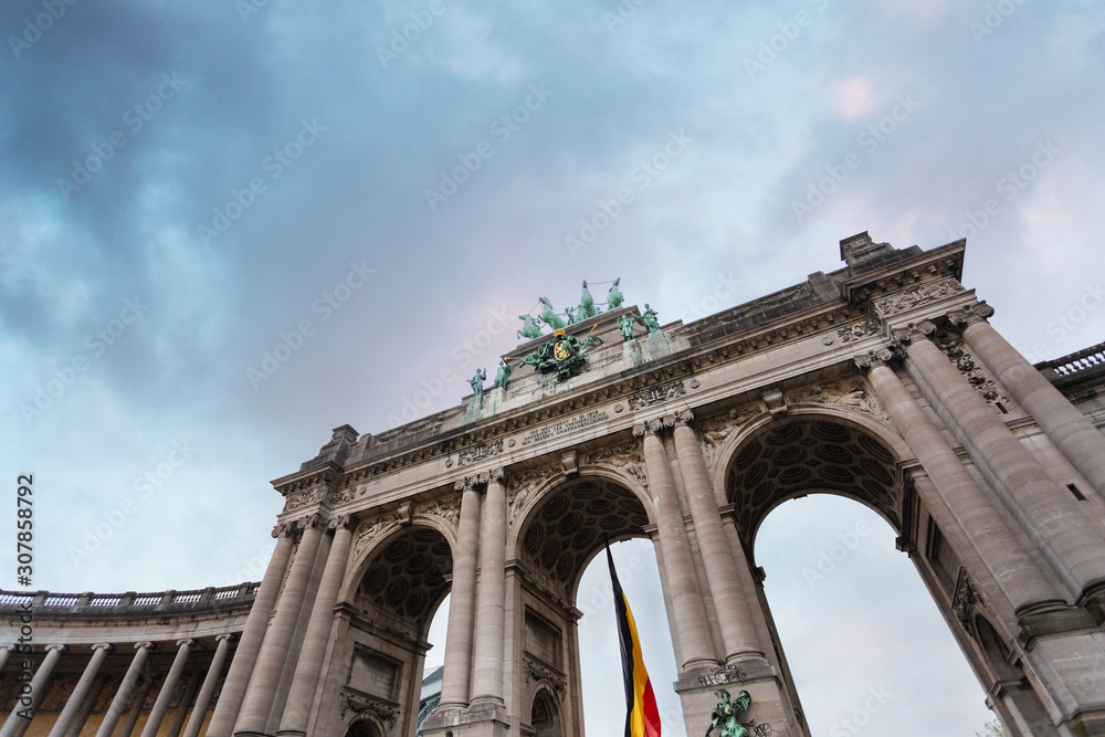 Brussels, Belgium. Famous triumphal arch - entrance to the Cinquantenaire park or Jubelpark.