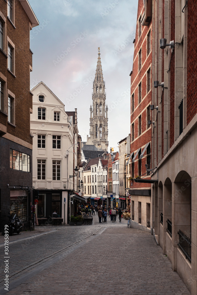 A street in Brussels with many restaurants and the Brussels Town Hall tower in the background, Belgium