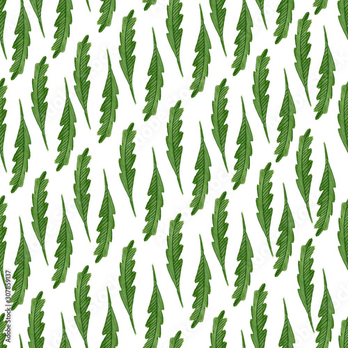 Fototapeta Naklejka Na Ścianę i Meble -  Watrecolor seamless pattern with one green leaf isolated on white background. Perfect for wrapping and scrapbooking.