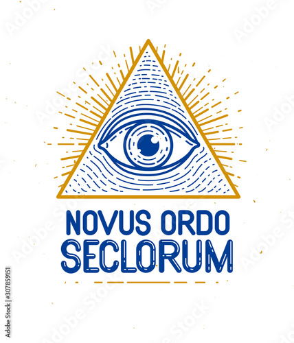 All seeing eye of god in sacred geometry triangle, masonry and illuminati symbol, vector logo or emblem design element. photo