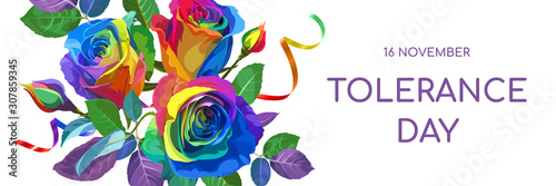 Horizontal banner for parade - Tolerance Day. Bright hand drawn illustration isolated on white background - text, rainbow Roses and ribbons. Gay pride LGBT symbol.