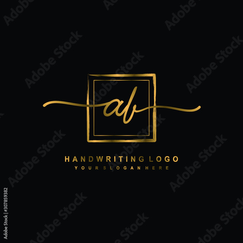 Initial AB handwriting logo design, with brush box lines gold color. handwritten logo for fashion, team, wedding, luxury logo.