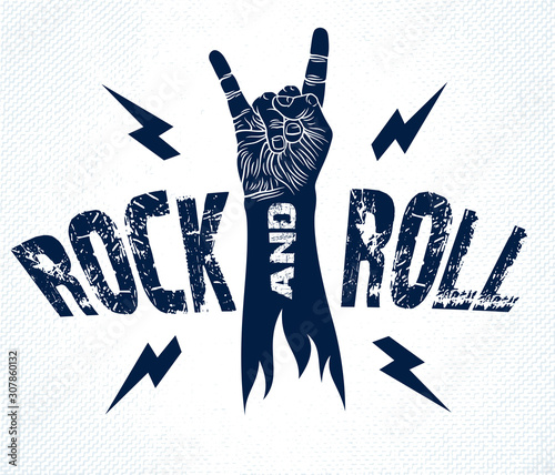 Rock hand sign with lightning bolts, hot music Rock and Roll gesture, Hard Rock festival concert or club, vector label emblem or logo, musical instruments shop or recording studio.