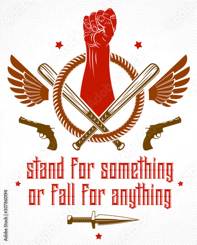 Revolution and Riot aggressive emblem or logo with strong clenched fist, weapons and different design elements , vector tattoo, anarchy and chaos, rebel partisan and revolutionary.