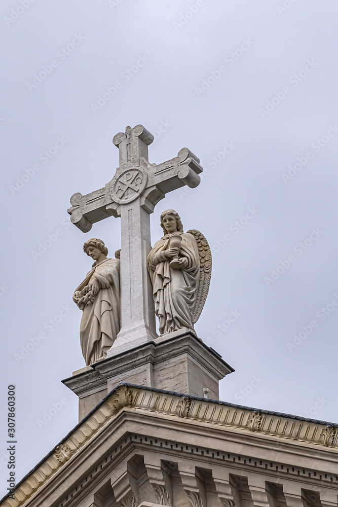 Architectural fragments of St. Augustine Church (Eglise Saint-Augustin de Paris, 1868) - Catholic Church located at boulevard Malesherbes in Paris 8th arrondissement. Paris, France, Europe.