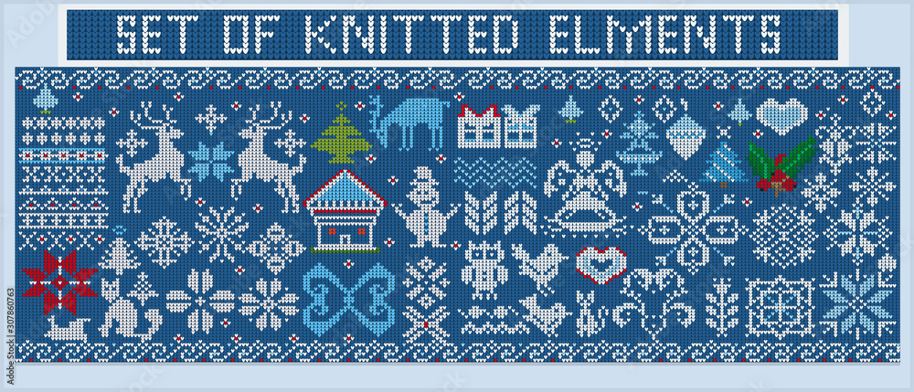 Fotografie Vector set of knitted Christmas elements and decorations