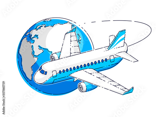 Plane airliner with earth planet, airlines air travel emblem or illustration. Beautiful thin line vector isolated over white background.