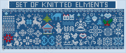 Vector set of knitted Christmas elements and decorations. Knitted snowflakes, ornaments, birds, Christmas trees and gifts on a blue background