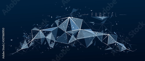 Low poly particles abstract vector background, polygonal fractal design, 3D dimensional element with connected lines, mesh object technology and science theme.