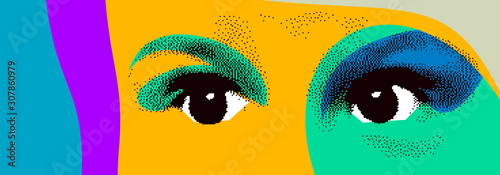 Looking eyes 8 bit dotted design style vector abstraction, human face stylized design element, with colorful splats.
