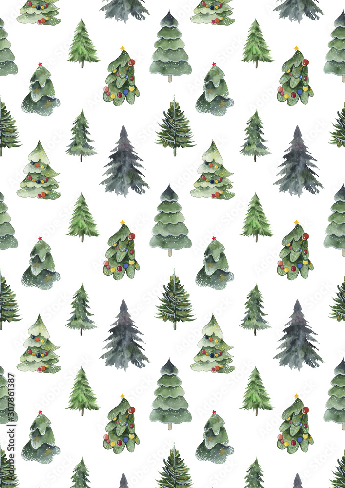 Set of Christmas tree watercolor icon. Collection of New Years xmas trees with heralds, striped christmas pine.