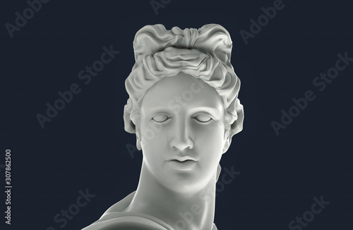 Greek Apollo Head. White plaster ancient God statue. Isolated 3d illustration