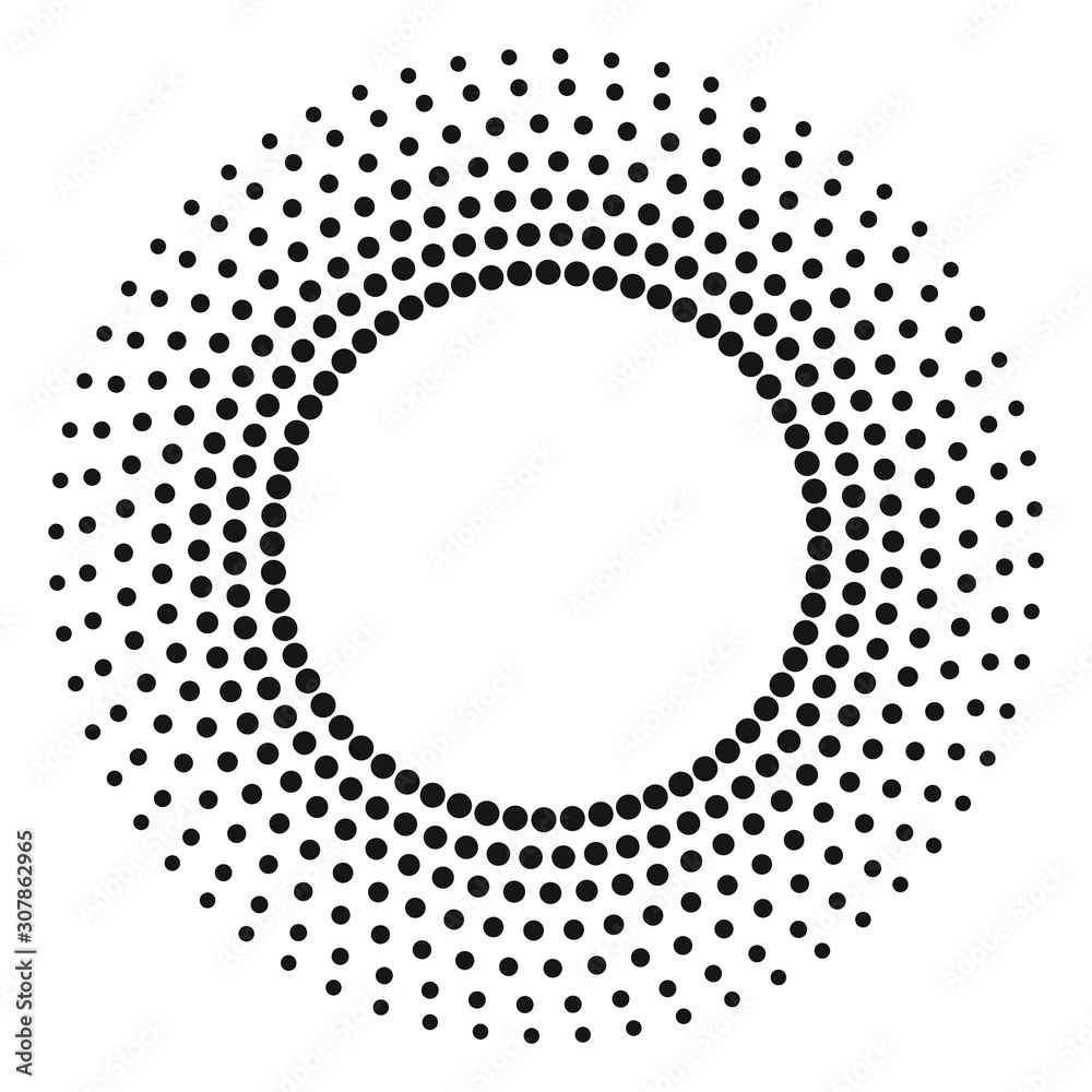 Halftone effect vector pattern. Black abstract round frame, halftone dots, logo, emblem, design element. Circle dots isolated on the white background.