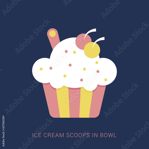 Ice cream scoops in bowl flat design. Minimal flat icon