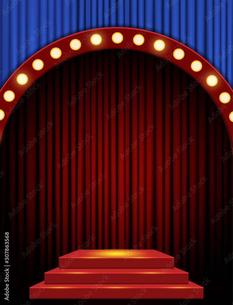 Empty scene with red stage podium and blue curtain. Design for ...