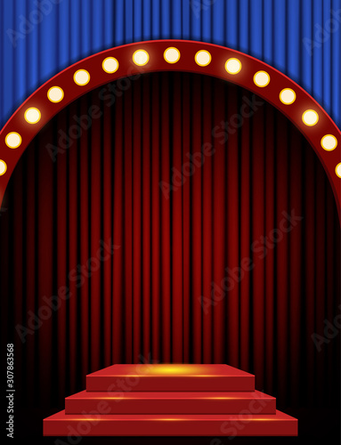 Empty scene with red stage podium and blue curtain. Design for presentation, concert, show