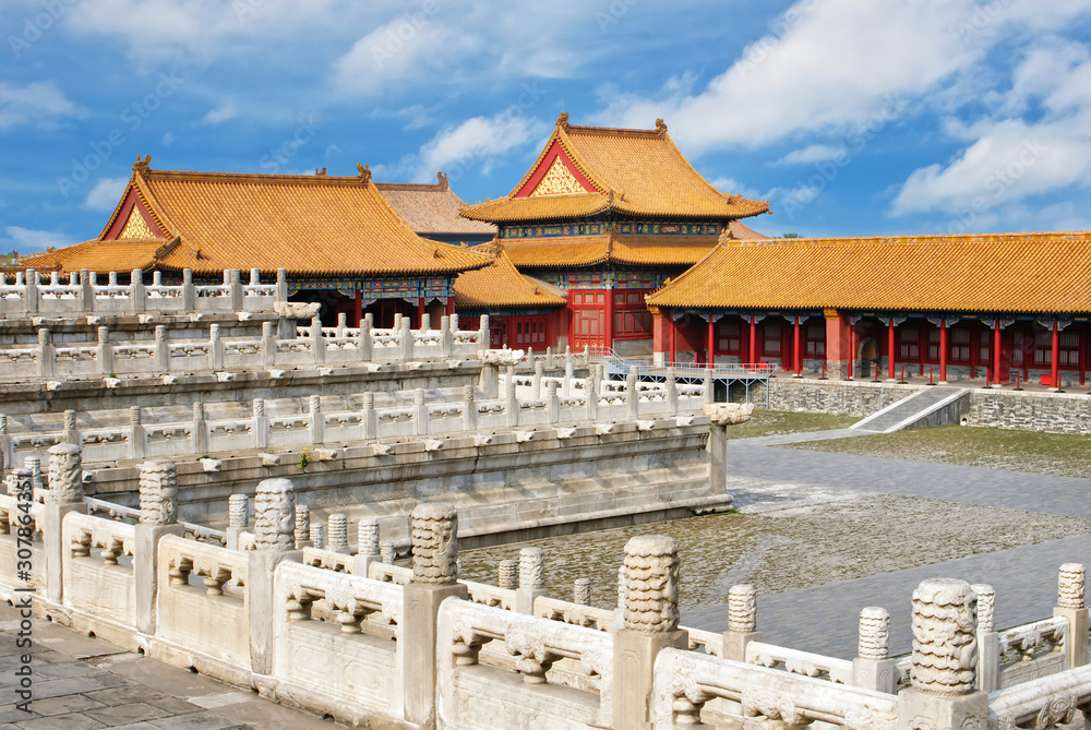 ancient chinese architecture. historic buildings against the blue sky. The Imperial Palace in Beijing (Forbidden city)