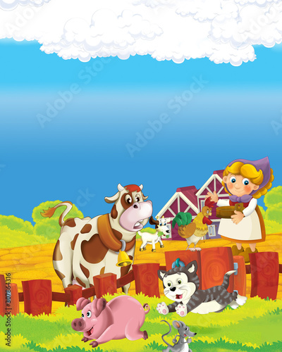 Fototapeta Naklejka Na Ścianę i Meble -  cartoon scene with happy farmer woman on the farm ranch illustration for the children