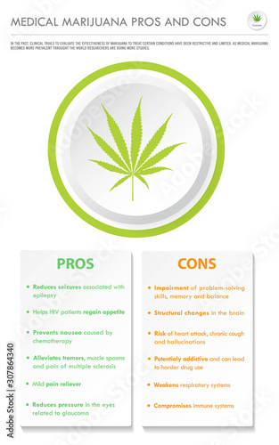 Medical Marijuana Pros and Cons vertical business infographic illustration about cannabis as herbal alternative medicine and chemical therapy, healthcare and medical science vector.