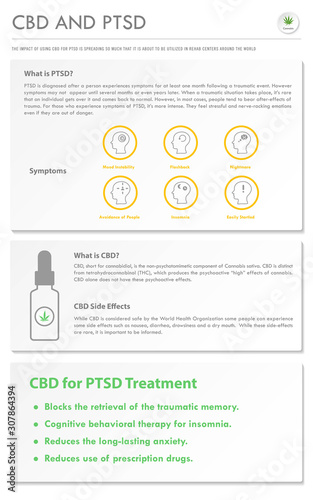 CBD and PTSD vertical business infographic illustration about cannabis as herbal alternative medicine and chemical therapy, healthcare and medical science vector.