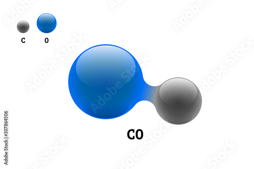 Chemistry model molecule carbon monoxide CO scientific element formula. Integrated particles natural inorganic 3d molecular structure consisting. Two carbon and oxygen volume atom vector spheres photo