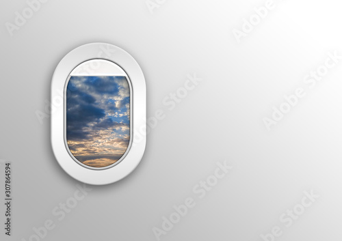 View from airplane. Flight window. Vacation destinations. Tropical sky summer. Flat web vector banner.