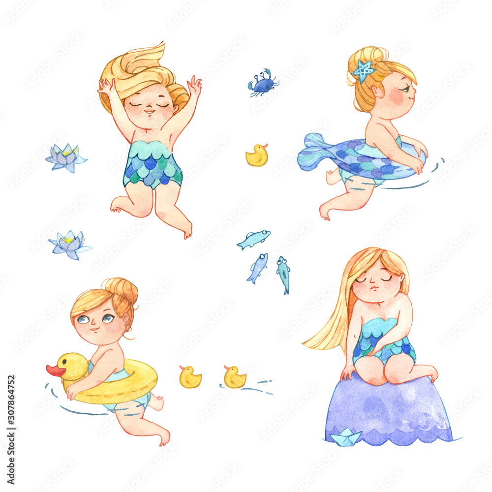 Girl swims on white isolated background. Hand-painted watercolor collection illustrations set Girl swims on white isolated background. Hand-painted watercolor collection illustrations set