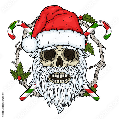 Skull. Santa claus skull. Vector illustration isolated on black background.