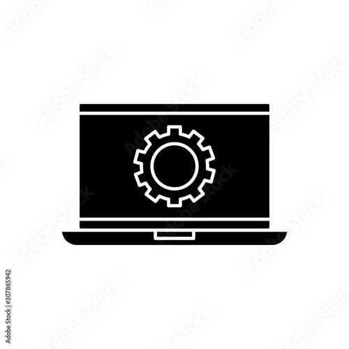 Gear inside laptop design, construction work repair machine part technology industry and technical theme Vector illustration