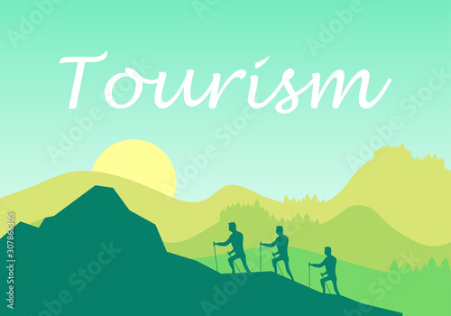 Mountaineering sport lifestyle concept. Tourist traveler. Panoramic view of the mountain landscape with fog in the valley below with the alpenglow sky and rising sun. Extreme hike.