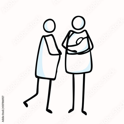 Pregnant Mother and holding New Baby Sling Mom. Stick Figure Vector Illustration. Hand Drawn Isolated 2 Women Icon Motif Element in Flat Color. Motherhood , Maternity Ward Concept. Pictogram EPS10.