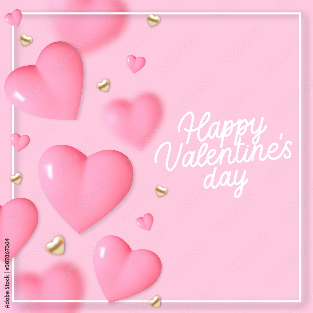 Valentines Day background with 3d pink and gold  hearts and text. Holiday card illustration on pink background.