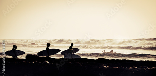 silhouette of four surfers entering at the water with surfboards and wetsuits - surfing at the sunset and with waves at the background