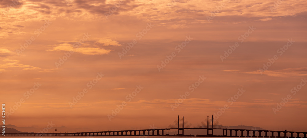 Penang bridge Malaysia view the morning landscape after sunrise,  Transportation routes to Penang Island Georgetown landmark cityscape, beautiful background structure skyline evening
