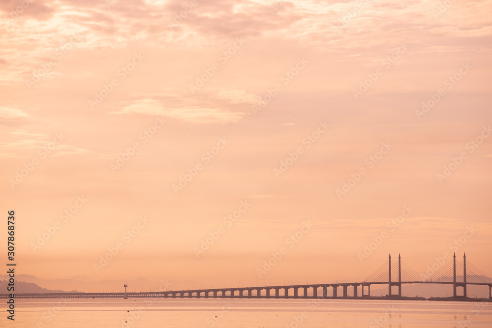 Penang bridge Malaysia view the morning landscape after sunrise,  Transportation routes to Penang Island Georgetown landmark cityscape, beautiful background structure skyline evening