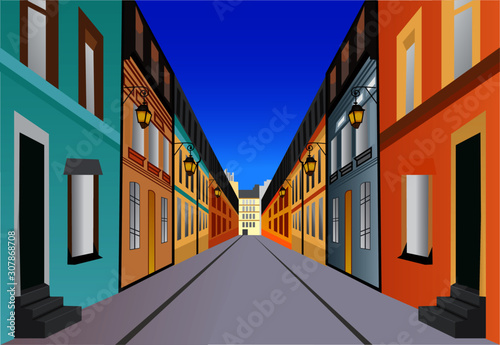 Street with buildings on both sides of  a road vector illustration for colorful graphic design or wall art