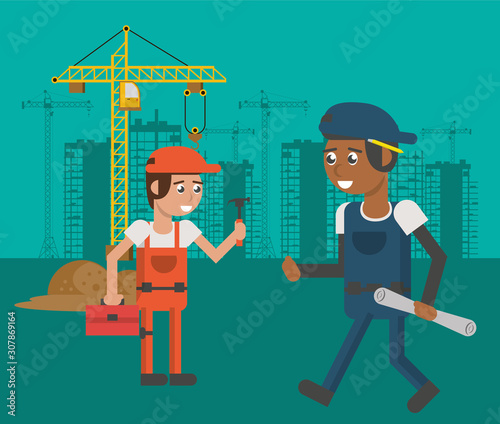 men builders working under construction scene