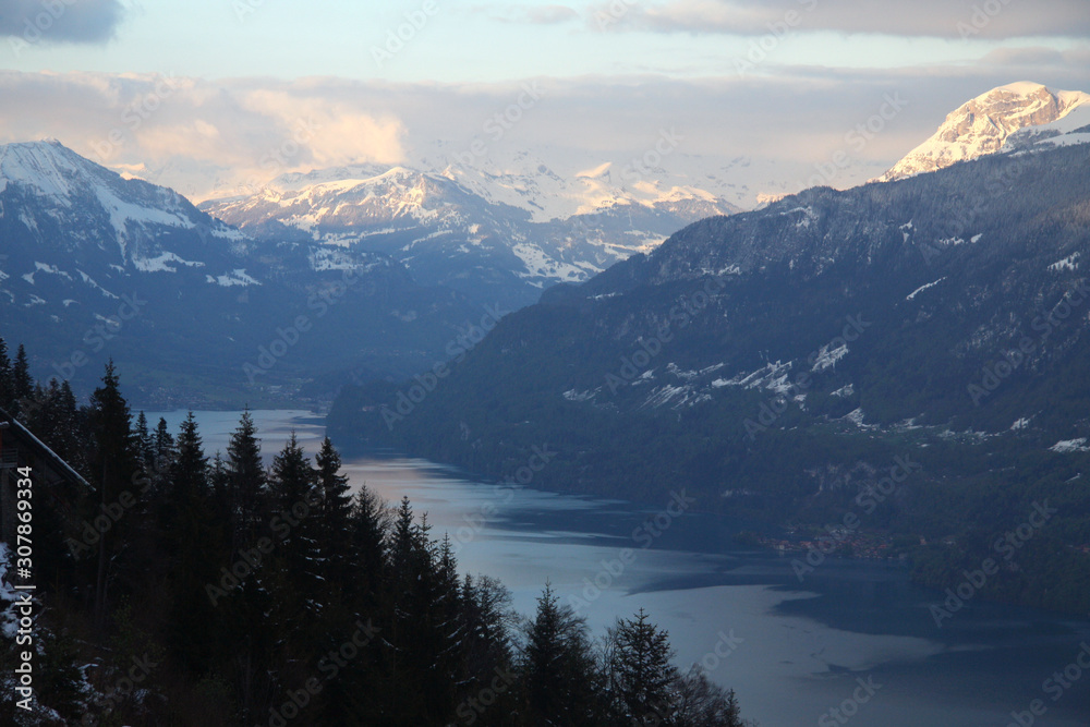 A View of Lake Brienz and Mountains from Harder Kulm Viewpoint in Interlaken, Switzerland