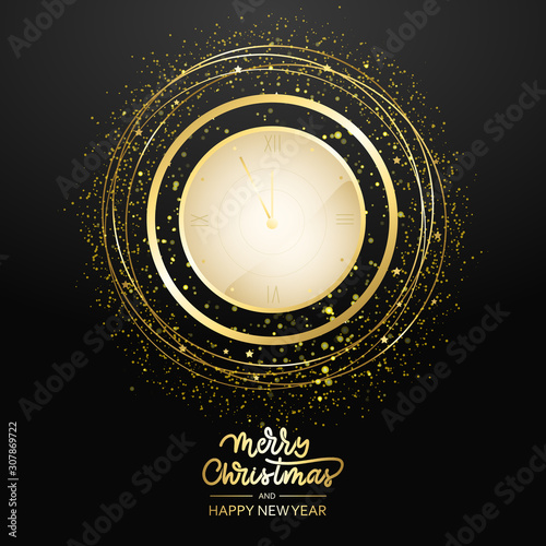 Merry Christmas and Happy New Year countdown watch. Holiday antique clock with golden confetti, Greeting card. Gold christmas poster, xmas night celebrate time countdown vector illustration.