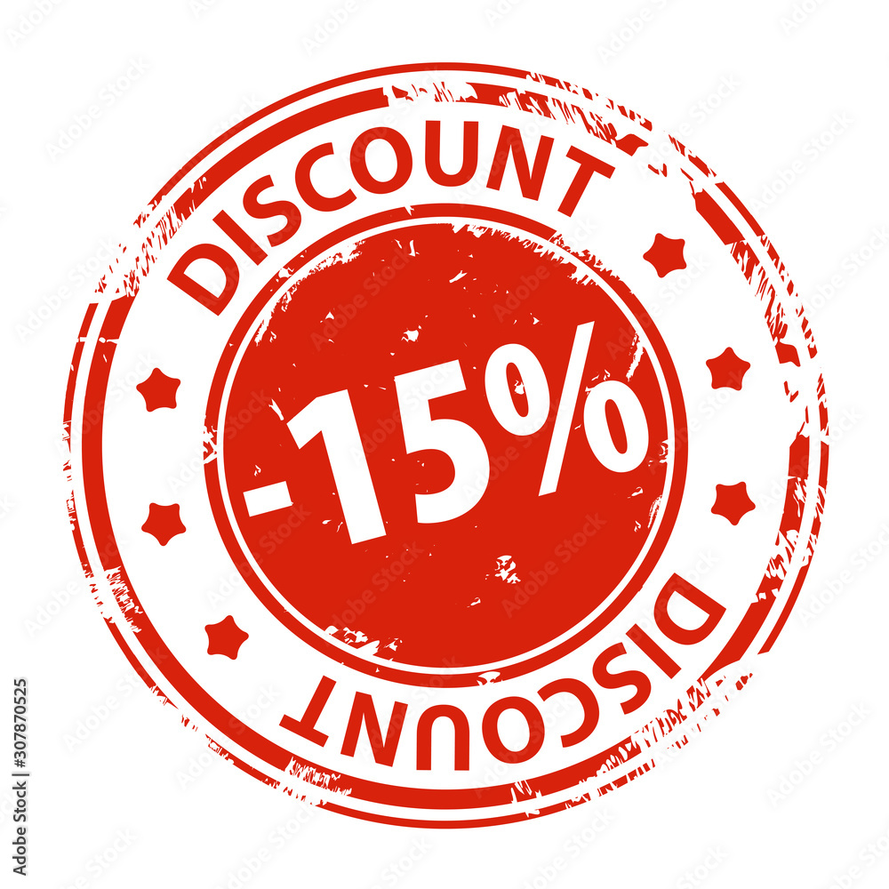 Rubber stamp with text Discount 15 percent icon isolated on white background. Illustration