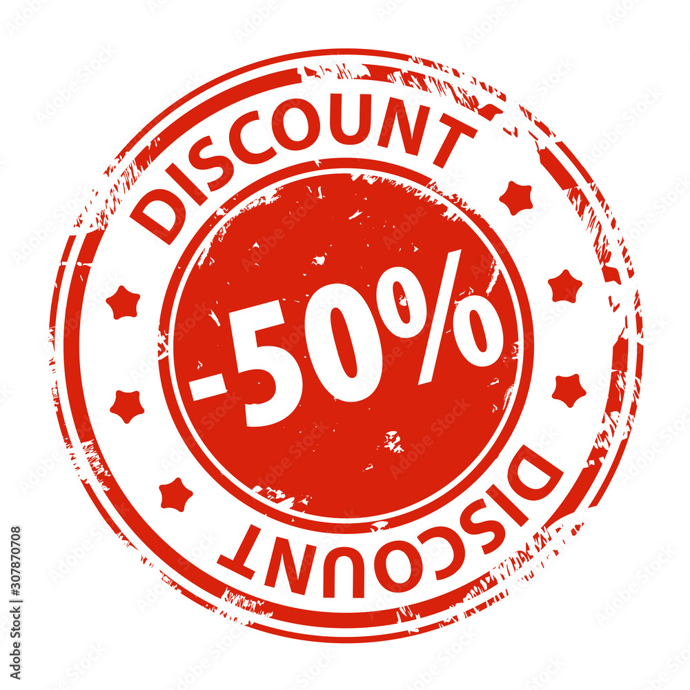 Rubber stamp with text Discount 50 percent icon isolated on white background. Illustration Rubber stamp with text Discount 50 percent icon isolated on white background. Illustration