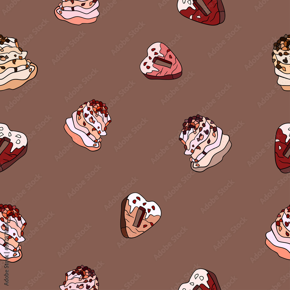 Sweet seamless pattern on calm brown background. Heart-cookie and glaze, cake with cream. Sweet seamless pattern on calm brown background. Heart-cookie and glaze, cake with cream.