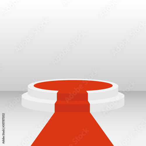 Podium with a red carpet. Realistic podium for celebrities isolated on white. Cartoon, vector illustration of the podium.