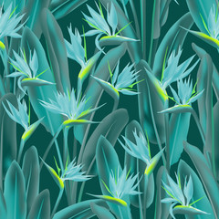 Deken met foto Tropische bloemen patronen Strelitzia reginae tropical flower vector seamless pattern. Bohemian tropical plant fabric print design. South African plant tropical blossom of crane flower, strelitzia. Floral textile print.  © SunwArt