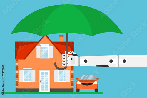 The house is protected. Hand with umbrella protects the house from the environment. The hand of the robot holds an umbrella over the house and car.