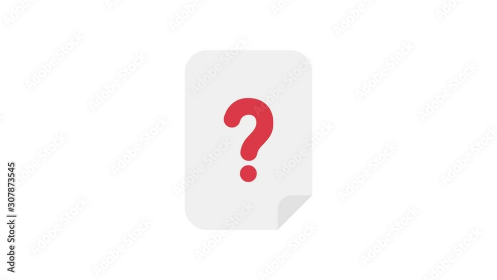 Icon animation of rotating newspaper with question mark, white background.
