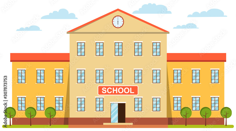School building, and front yard. Building high school of the American or European with trees and bushes. A vector illustration of school building.