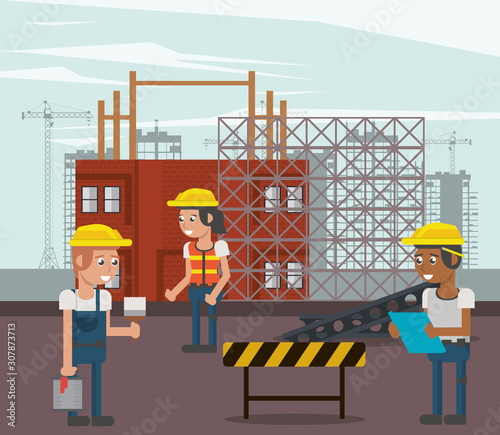 group of builders working under construction scene