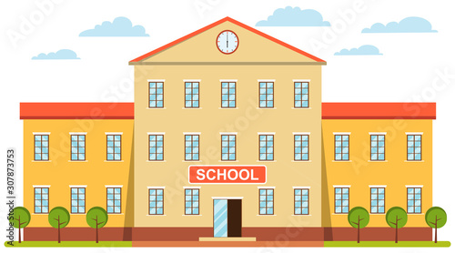 School building, and front yard. Building high school of the American or European with trees and bushes. A vector illustration of school building.